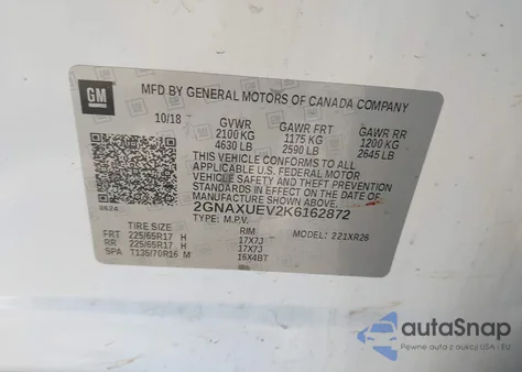 2019 Chevrolet Equinox Lt z USA, uszkodzony, nr VIN 2GNAXUEV2K6162872